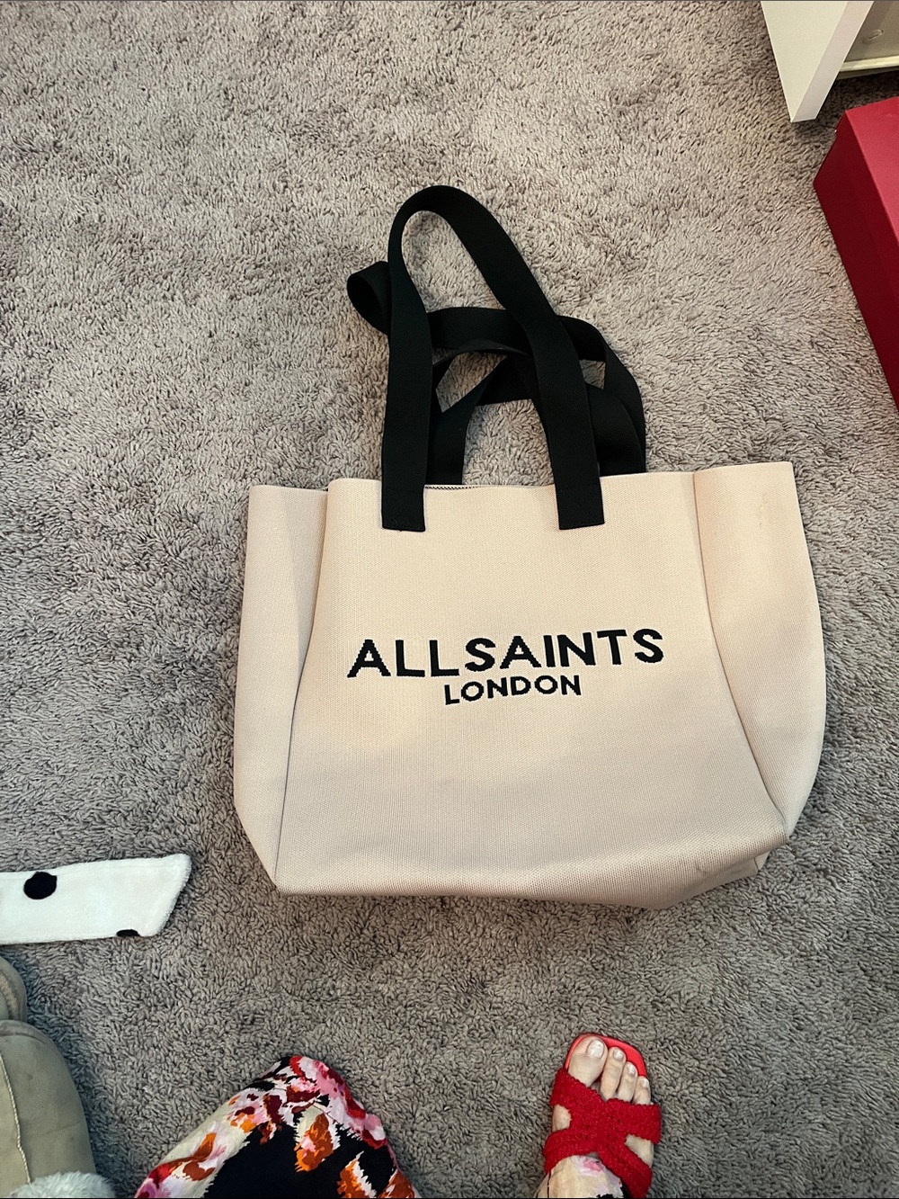 All Saints Cream Canvas Tote with Black Handles and Logo